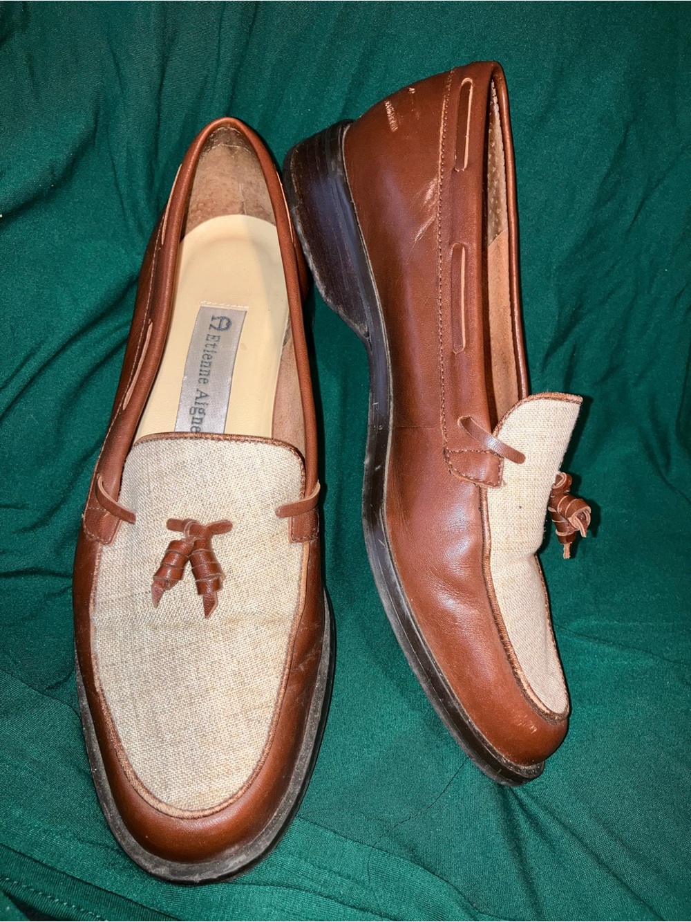 Vintage Etienne Aigner Gotham Cognac Brown Leather & Beige Fabric Tassel Loafers